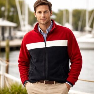 Lauren Ralph Lauren Men's Fleece Jacket Red Black Full Zip size M Preppy Luxury